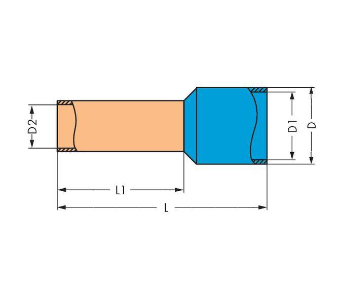 Diagramm eines Werkstücks mit zwei Abschnitten in Blau und Rot. Abmessungen: D, D1, D2, L, L1. Zeigt Struktur und Maße.