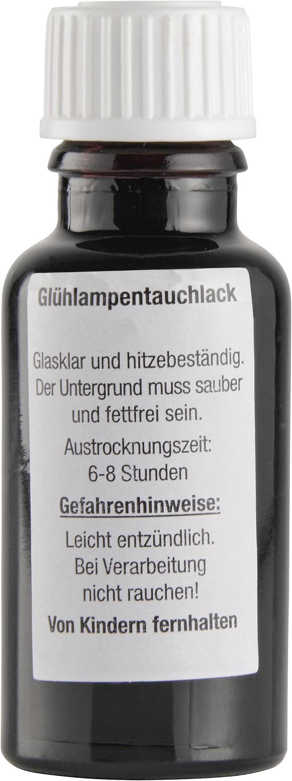 Braunes Glasfläschchen mit Etikett. Text: 'Glühlampentauchlack. Aus trocknungszeit: 6-8 Stunden. Von Kindern fernhalten.'