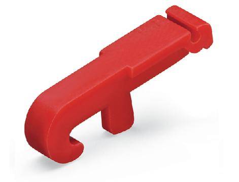 Ein rotes Werkzeug mit Hakenform, möglicherweise ein Tür- oder Fensteröffner, das ergonomisch gestaltet ist.