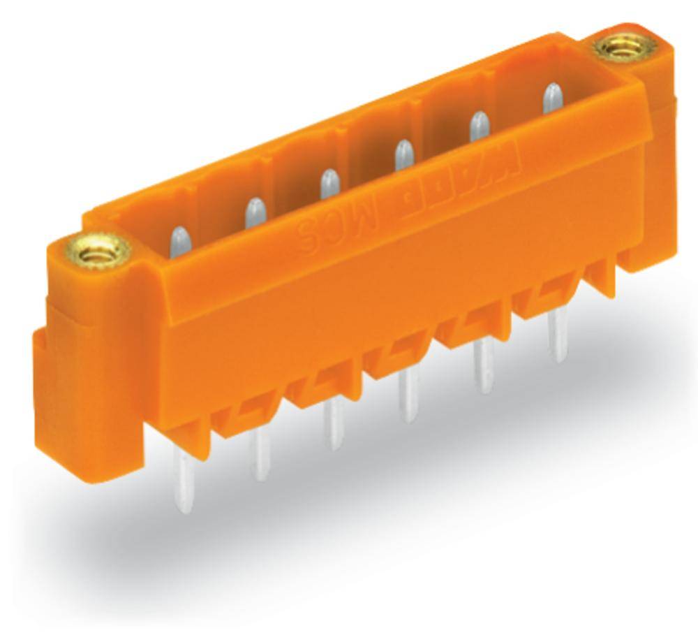 An orange electrical connector with multiple metal pins for mounting on a printed circuit board.