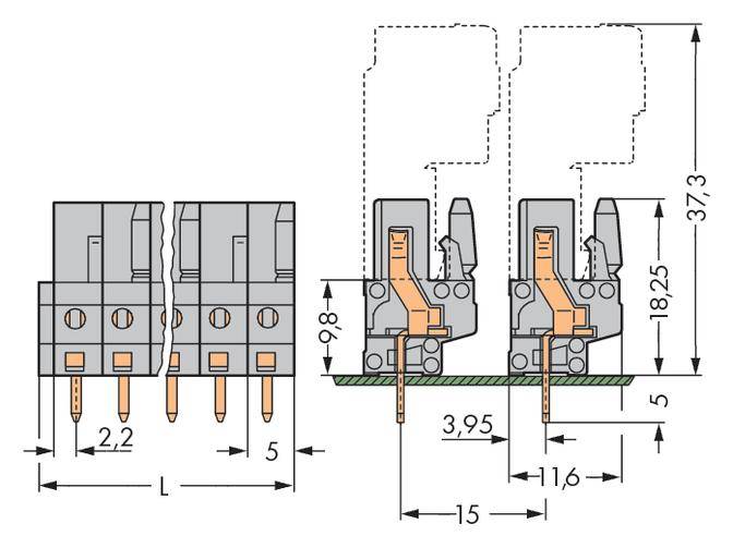 WAGO Buchsengehäuse-Platine 232 Polzahl Gesamt 21 Rastermaß: 5mm 232-151 10St.