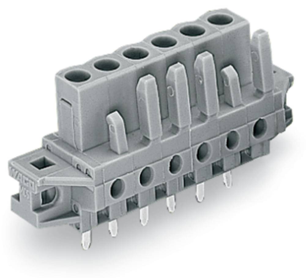 Grey, rectangular electrical connector with six terminals and multiple pins on the underside for soldering into a circuit board.