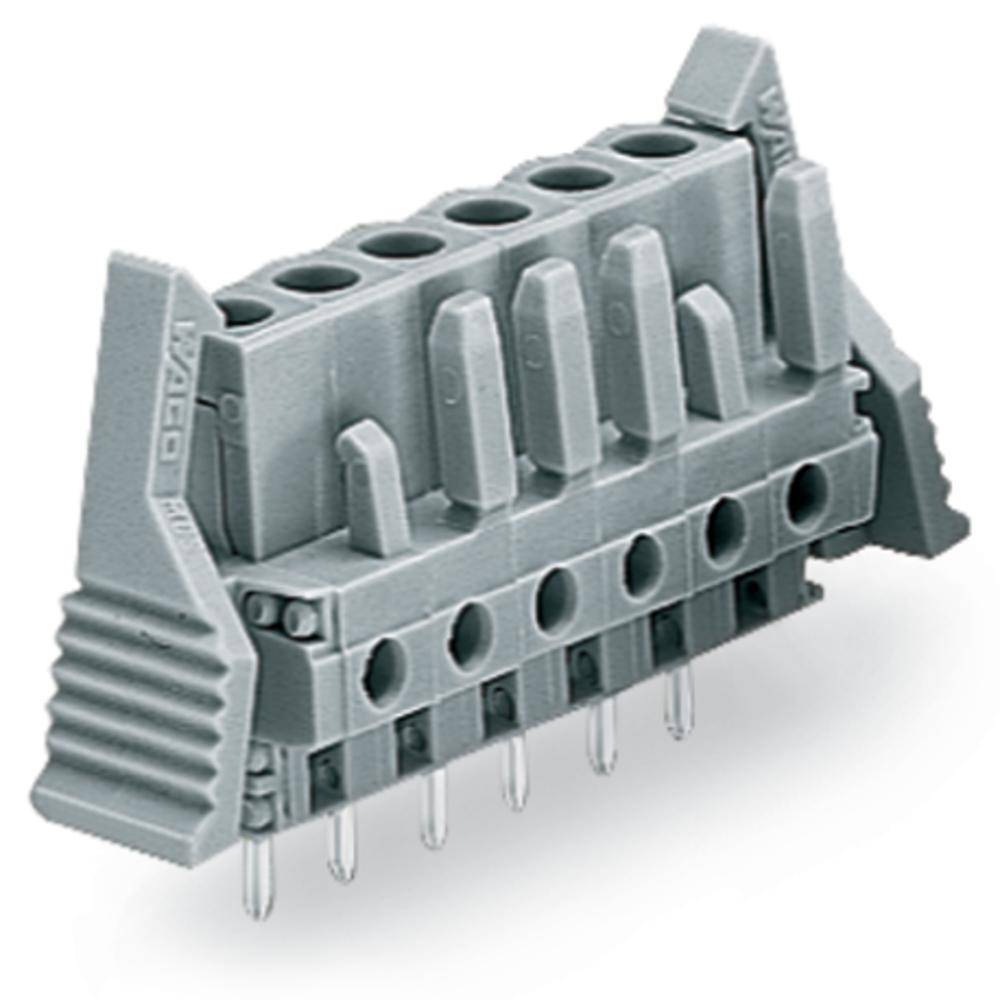 A grey, multi-pole connector component with vertically oriented pins for electronic circuits.