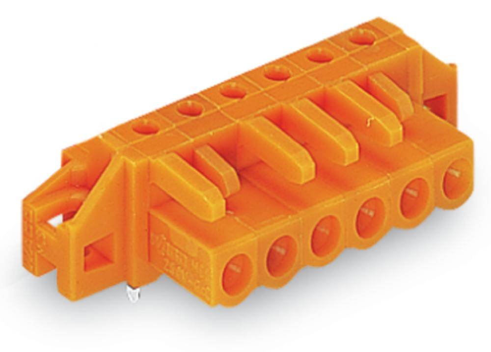 An orange push-in terminal block with six connection points and a robust plastic housing, suitable for electrical wiring.
