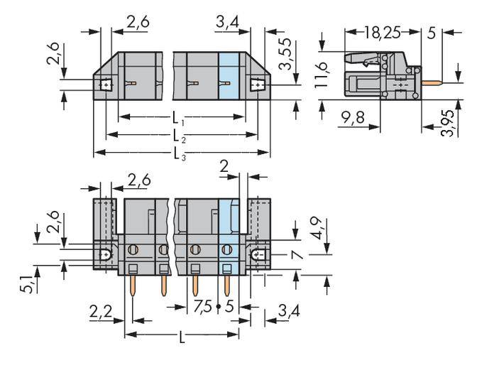 WAGO Buchsengehäuse-Platine 232 Polzahl Gesamt 6 Rastermaß: 7.50mm 232-736/047-000 25St.