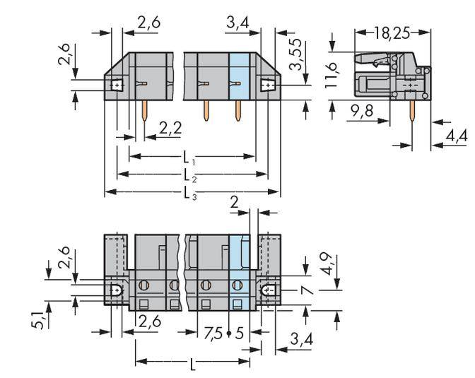 WAGO Buchsengehäuse-Platine 232 Polzahl Gesamt 2 Rastermaß: 7.50 mm 232-832/047-000 50 St.