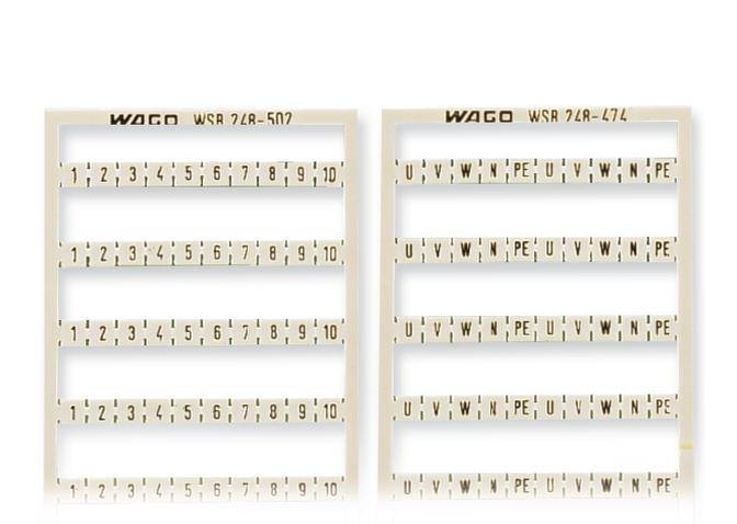 Zwei Reihen mit weißen Kunststoffplatten zur Kabelmarkierung, jede mit Zahlen oder Buchstaben bedruckt. Links: Zahlen 1-10, rechts: Buchstaben U bis P und E.
