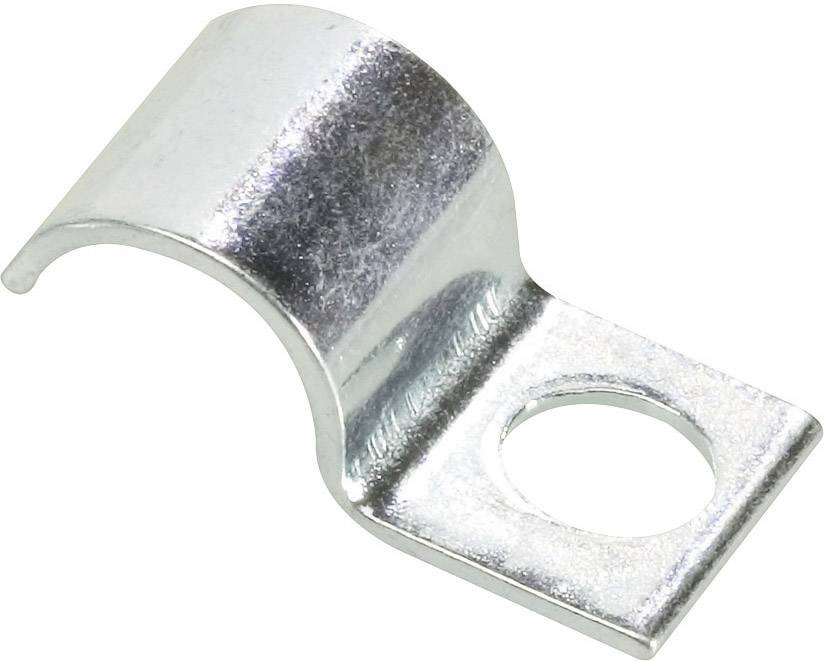 Metallhalterung mit Schraubenloch, gebogene Form, silberfarben. Verwendet zur Befestigung von Kabeln oder Rohren an Oberflächen.