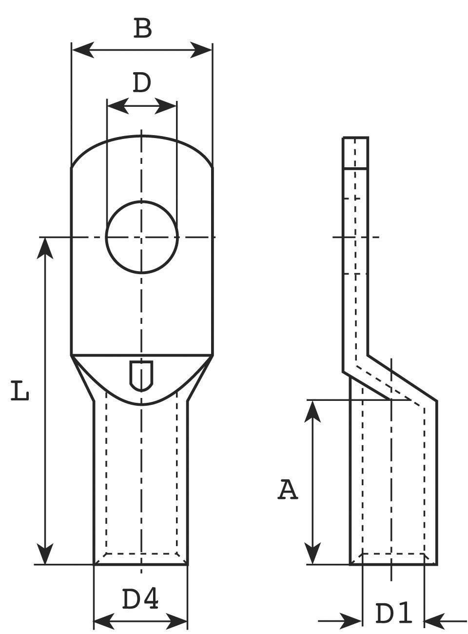 Technische Zeichnung eines Metallsteckers mit Abmessungen: B, L, A, D, D1, D4. Zeigt Vorder- und Seitenansicht des Bauteils.
