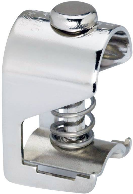 Metallklammer mit Schraube und Federmechanismus, möglicherweise für die Befestigung von Kabeln oder Leitungen an einem Untergrund.