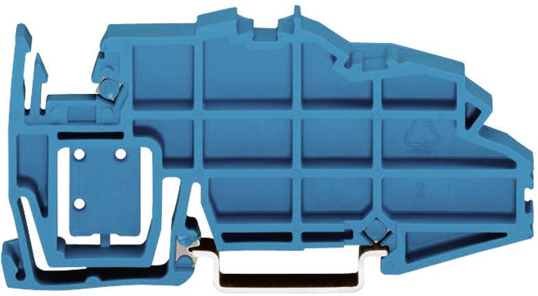 Eine blaue, rechteckige Kunststoffform mit komplexen Strukturen und Kanten, möglicherweise Teil eines mechanischen oder technischen Systems.