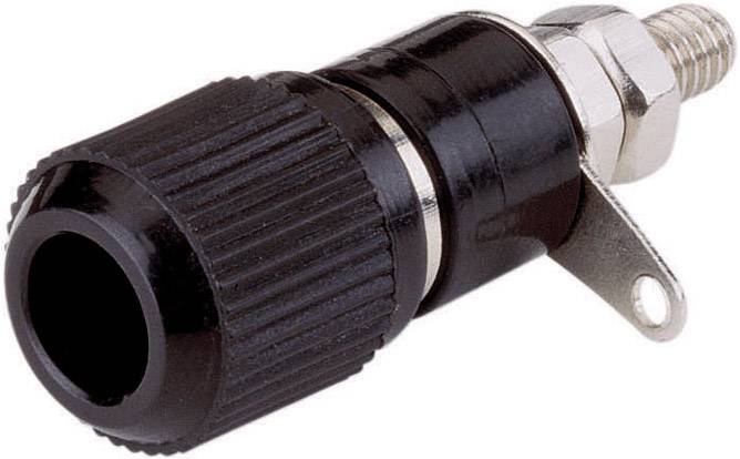 Schwarzer Bananenstecker mit geriffeltem Griff und Metallgewinde, seitlich liegend. Verwendet zur sicheren elektrischen Verbindung.