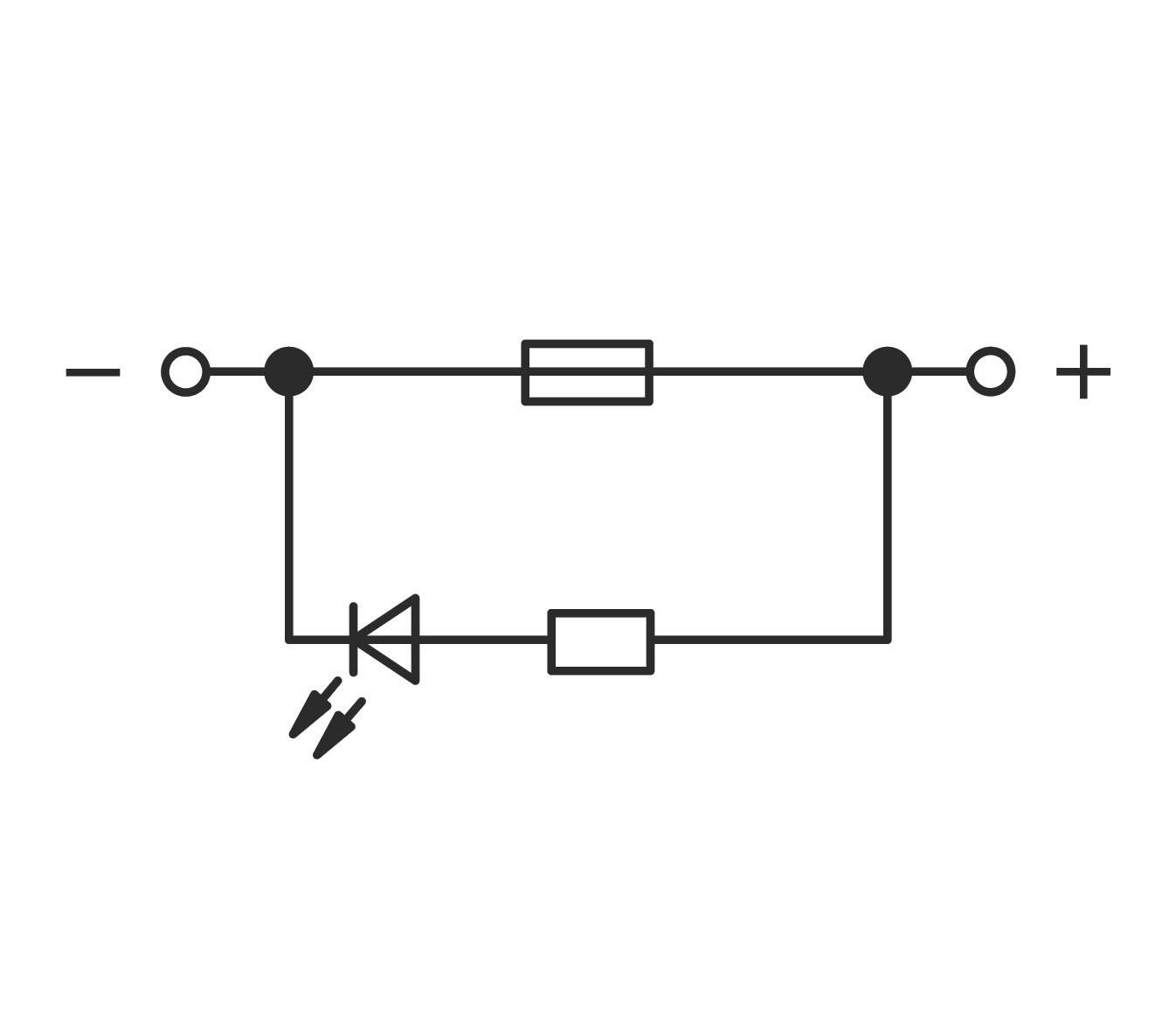 Schaltkreisdiagramm mit Batterie, Widerstand, LED und Schalter in Reihe geschaltet. LED leuchtet bei geschlossenem Schalter.