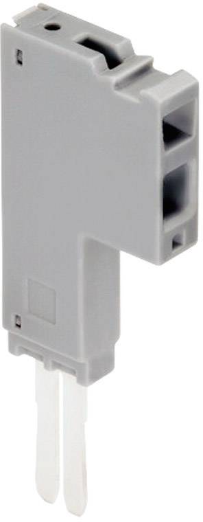 Grauer elektrischer Steckverbinder mit zwei Metallstiften, rechteckige Form, dient zur Verbindung elektrischer Drähte.