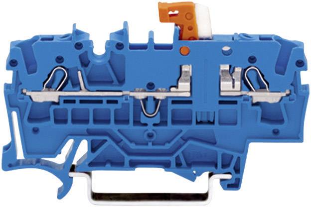 Ein blauer Steckklemmenblock aus Kunststoff mit Metallverbindungen und orangefarbenem Druckknopf für elektrische Verdrahtung.