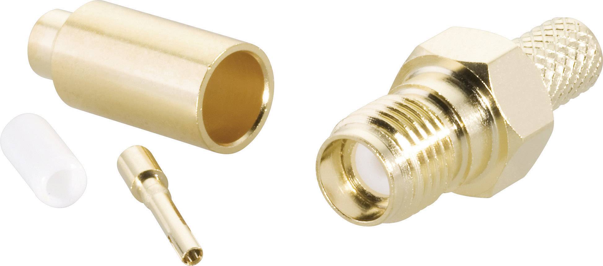 Verschiedene RF-Steckverbinderteile aus Metall, darunter ein Außengehäuse, ein Kontaktstift und eine Hülse, zeigen Einzelkomponenten.