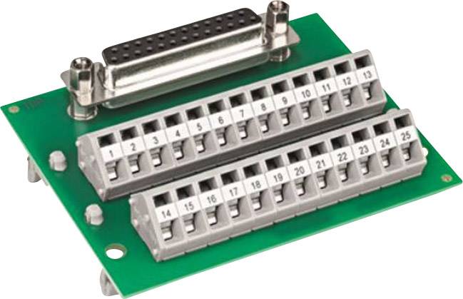 Grüne Leiterplatte mit einem DB25-Stecker oben und zwei Reihen nummerierter Klemmenblöcke darunter, von 1 bis 25.