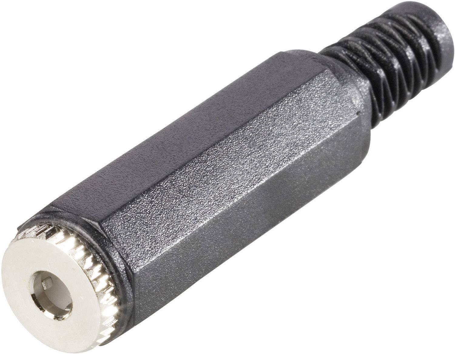 Ein 3,5-mm-Audioklinkenstecker mit sechseckigem Gehäuse und Spiralkabel. Verwendet für Audioverbindungen in elektronischen Geräten.