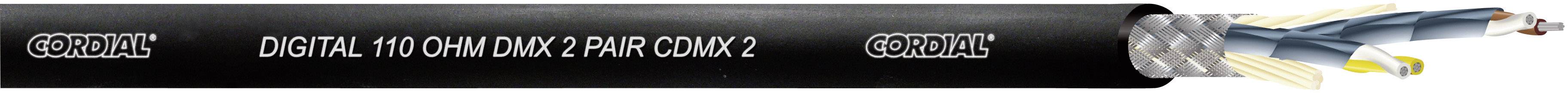 Schwarzes Kabel mit der Aufschrift 'Digital 110 Ohm DMX 2 Pair Cable'. Zwei Adern sichtbar, umgeben von Abschirmung und Isolierung.