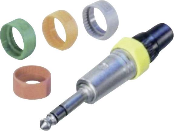 Ein Steckverbinder mit gelbem Ring und schwarzen Ende, daneben vier bunte farbcodierte Ringe: grün, orange, silber, und rot.