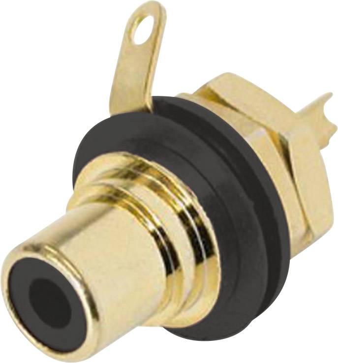 Ein goldener RCA-Buchsenstecker mit schwarzer Isolierung, seitlich eine Befestigungslasche und zwei Lötfahnen zur elektrischen Verbindung.