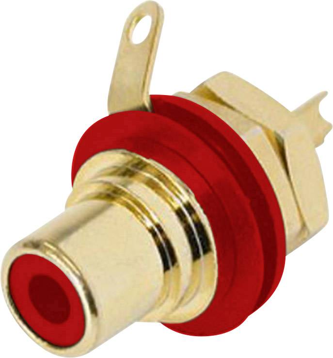 Goldfarbener RCA-Buchsenstecker mit rotem Kunststoffeinsatz, zur Audio- und Videoverbindung genutzt.