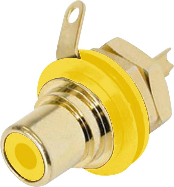 Ein gelber RCA-Stecker, typischerweise für Audio- oder Videosignale verwendet, mit Metallgehäuse und Lötfahnen zur Befestigung.