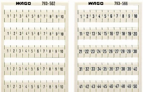 'Wago' Verbindungsklemmen-Nummernleisten: Links 793-502 mit Ziffern 1-20, rechts 793-566 mit Ziffern 21-50, in zwei Reihen unterteilt.