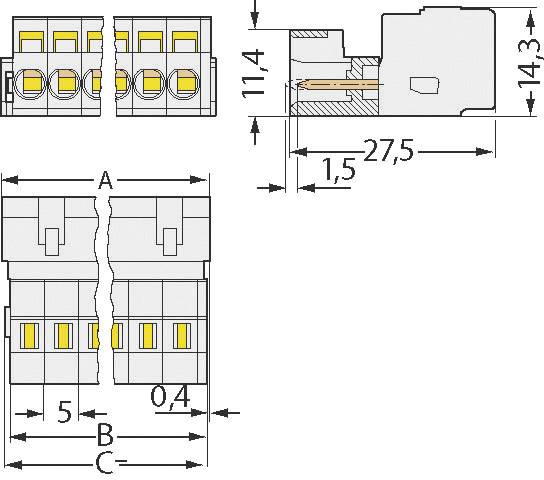 Technische Zeichnung einer elektrischen Steckverbindung mit Maßen: 11,4 mm Höhe, 14,3 mm Breite, 27,5 mm Länge und 5 mm Abstand.