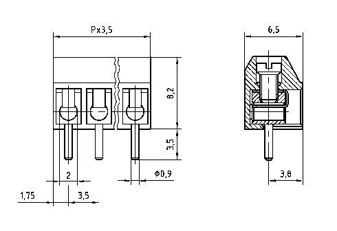Technische Zeichnung einer dreipoligen Steckerleiste mit Bemaßungen: Abstand Px=3,5 mm, Höhe 8,2 mm, Stiftdurchmesser 0,9 mm. Schnittansicht zeigt Stiftdetails.