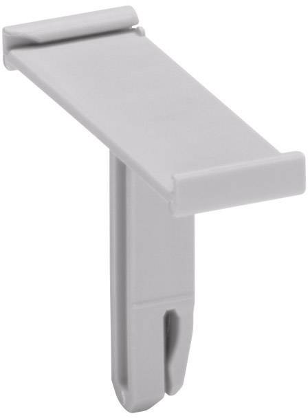 Ein graues Kunststoff-Regalhalterungsstück, rechteckig und vertikal ausgerichtet, zur Befestigung von Regalbrettern.