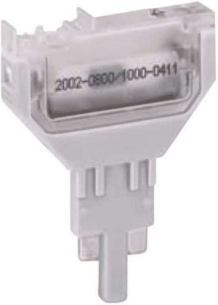 Ein kleiner, weißer Kunststoffverbinder mit einer Zahlenreihe '2002-0600/1000-0411' auf der Oberseite.