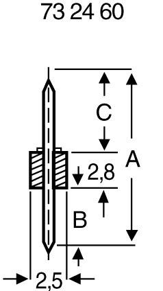 Technische Zeichnung eines Bolzens mit Maßen: 2,5 mm Breite; 2,8 mm dicke Rille. Höhe C, A, B sind angegeben, aber nicht lesbar.