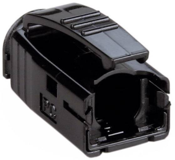 Schwarzer Kunststoffstecker mit viereckiger Öffnung und gerillter Oberfläche. Stecker dient zur Verbindung elektronischer Geräte.