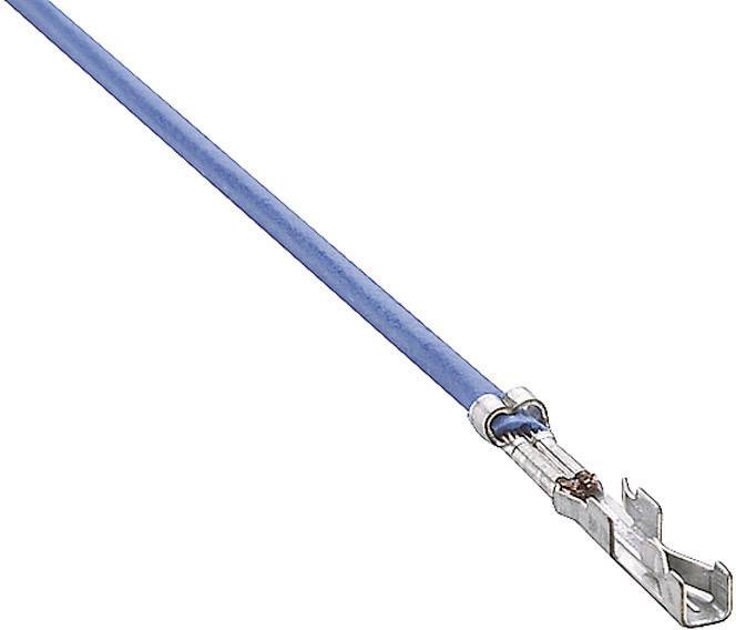 Ein blauer, isolierter Kabelschuh mit Metallelementen, oft in elektrischen oder elektronischen Anwendungen verwendet.