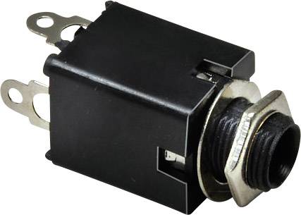 Ein schwarzer Audio-Klinkenbuchse mit silbernen Metallkontakten und einer Mutter zur Befestigung. Geeignet für elektrische Verbindungen.