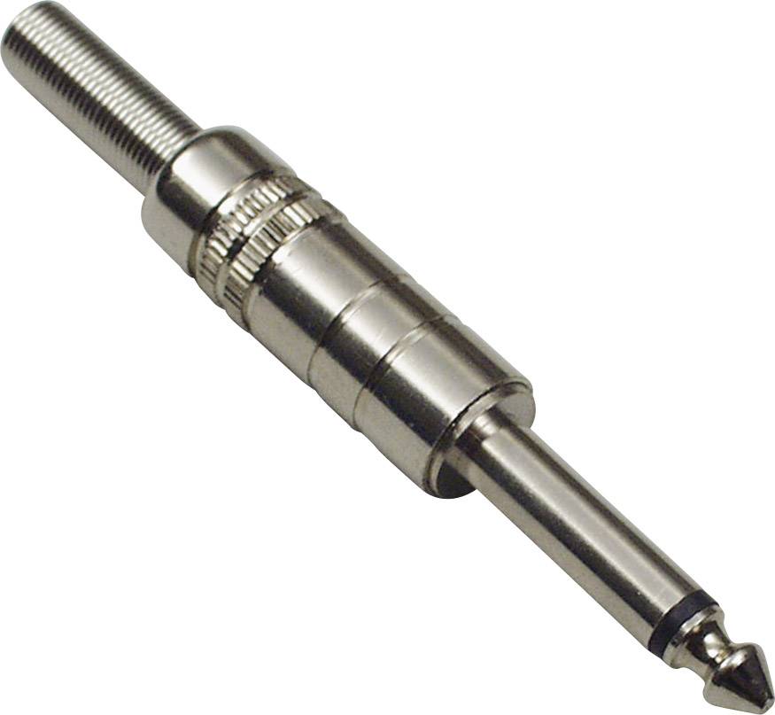 Ein Metallstecker eines Audiokabels mit einem geriffelten Griff und einem 6,35 mm Klinkenstecker am Ende, verwendet für Musikinstrumente.