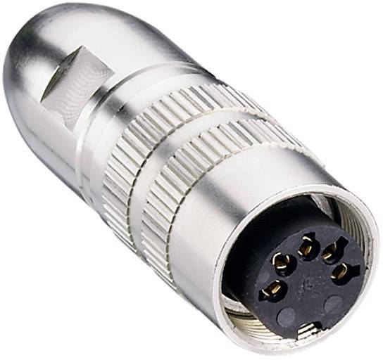 Silberner 5-poliger XLR-Stecker zur Audio- oder Lichttechnik, zeigt Kontaktstifte und Verriegelungsmechanismus.