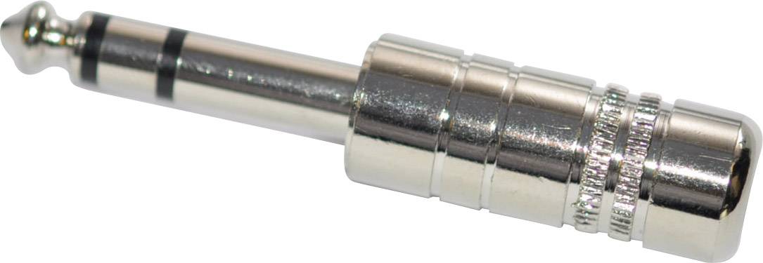 Ein silberner 6,3 mm Klinkenstecker mit schwarzem Ring für Audioanschlüsse.