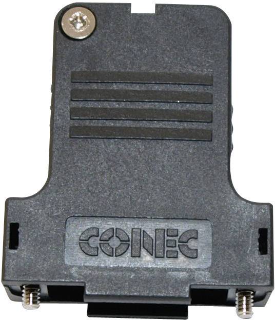 Schwarzer, rechteckiger Adapter mit Schrauben auf Metallplatten und Logo 'CONEC'. Adapter zur Verbindung elektronischer Komponenten.