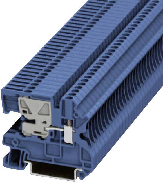Ein blauer Reihenklemmenblock mit mehreren Verbindungsstellen, typisches industrielles Bauteil für elektrische Installationen.