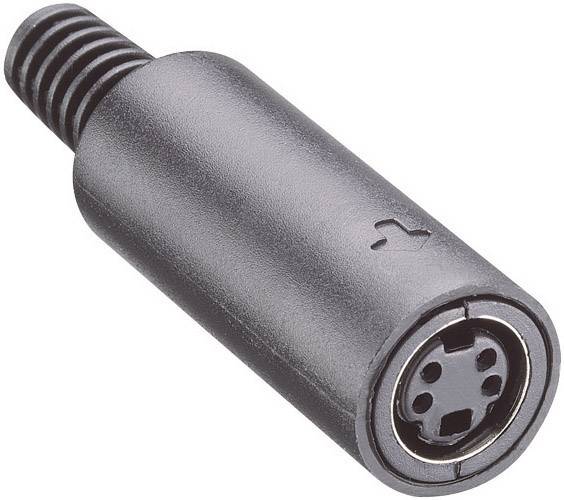 Schwarzer Mini-DIN-Stecker mit vier Pins, seitlich fotografiert. Verwendet für Audio-, Video- und Kommunikationsanwendungen.