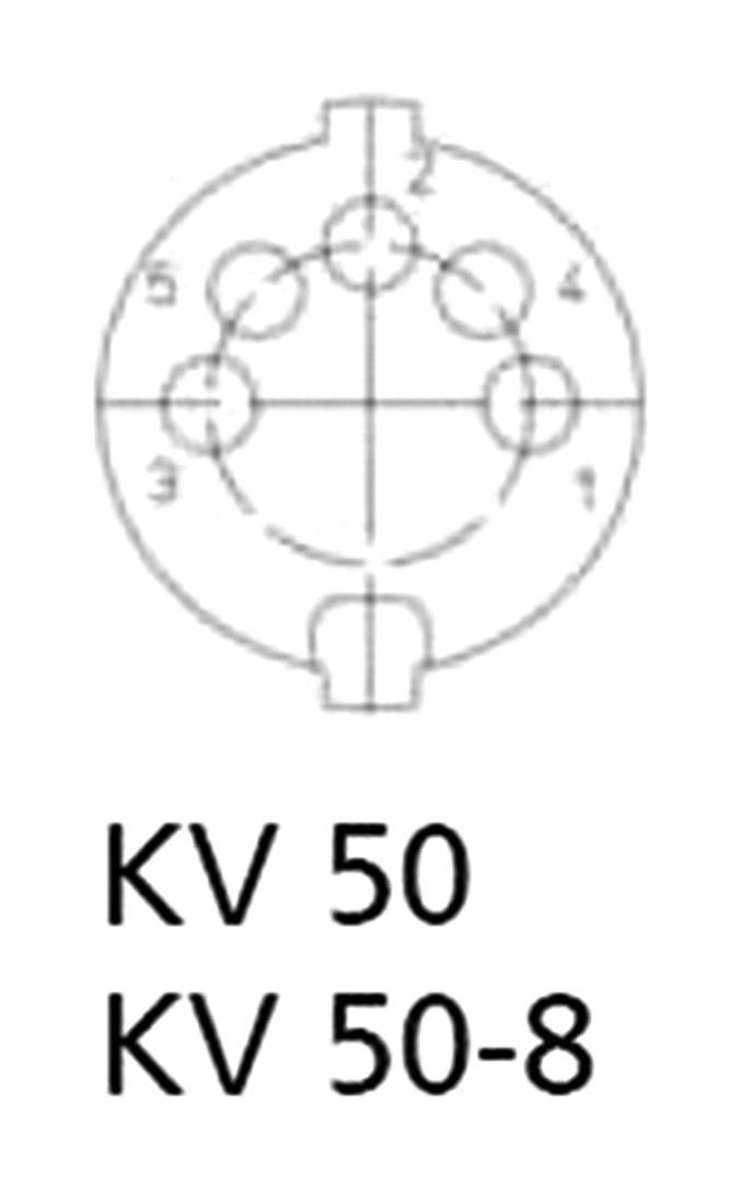 Zeichnung eines kreisförmigen Steckverbinders mit acht nummerierten Kontakten. Darunter steht 'KV 50' und 'KV 50-8'.