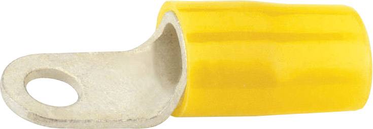 Ein gelber Kabelschuh mit einem Metallring am Ende, der zur Verbindung von elektrischen Leitungen verwendet wird.
