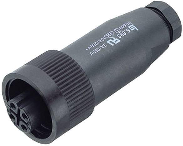 Es wird ein schwarzer, zylindrischer Stecker mit spezifischen elektrischen Spezifikationen gezeigt.