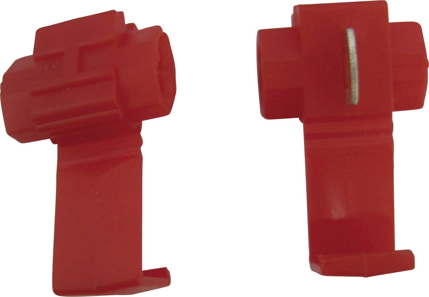 Zwei rote Kunststoffteile, die scheinbar Steckverbinder oder Clips sind, mit unterschiedlichen Winkeln der Draufsicht.