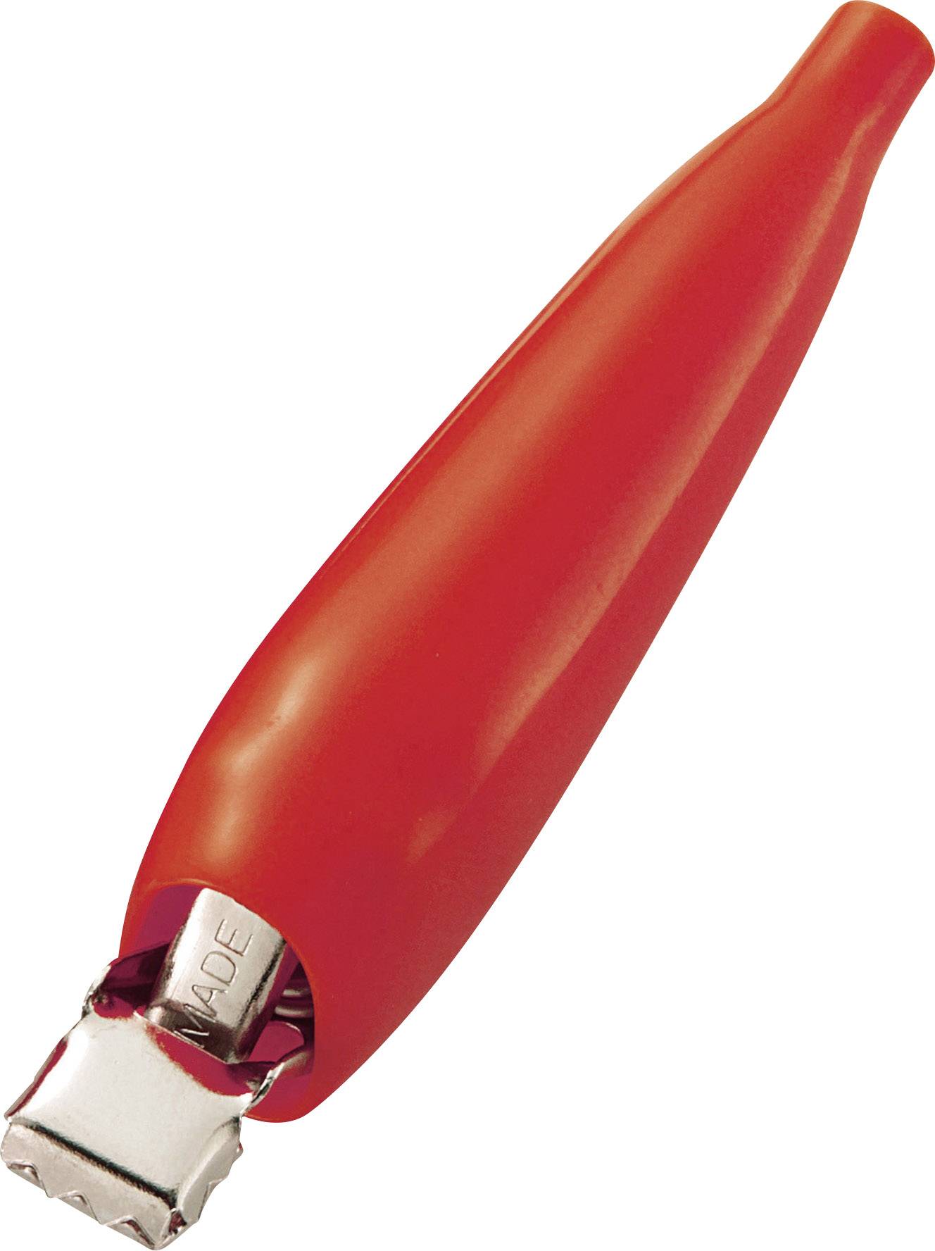 Roter Kabelschuh-Klemmenverbinder mit gezacktem Metallclip, verwendet zum Verbinden von elektrischen Leitungen.