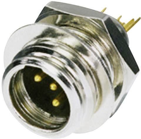 Runder Metallstecker mit Schraubgewinde und vier sichtbaren Pins; dient zum elektrischen Verbinden von Geräten.