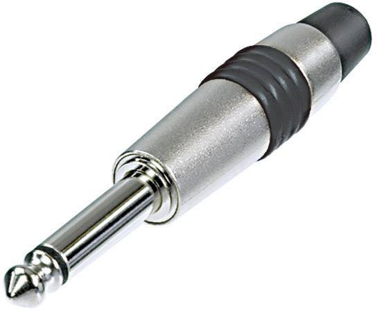 Ein silberner 6,3 mm Klinkenstecker mit schwarzem Isolierungsring, oft für Audioverbindungen verwendet, auf weißem Hintergrund.