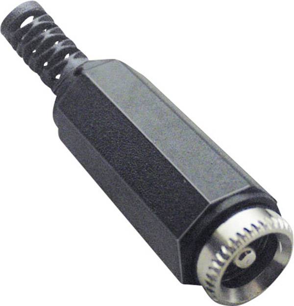 Schwarzer, rechteckiger Adapter mit rundem Metallanschluss und spiralförmigem Kabelschutz am anderen Ende.